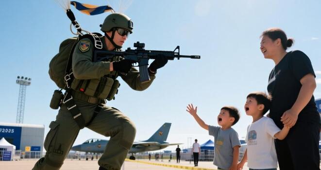 持槍空降兵在孩子前一動(dòng)不敢動(dòng)